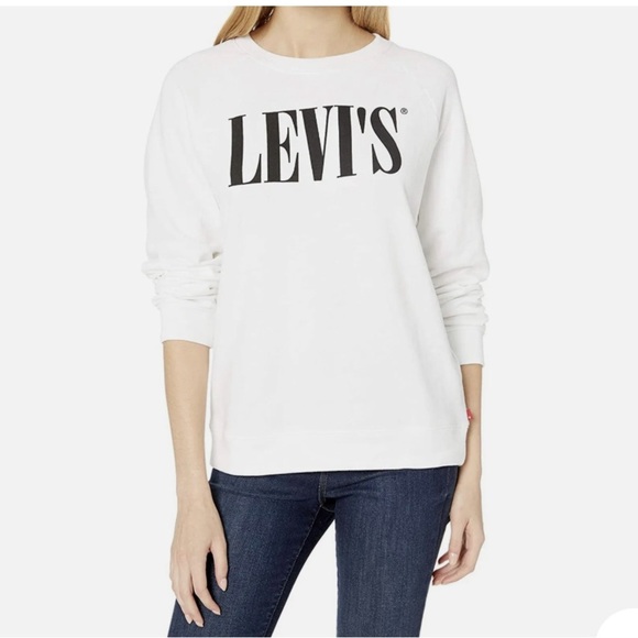 Levi’s Women’s Relaxed Graphic Crew Sweatshirt White/Black Lettering - Picture 1 of 7